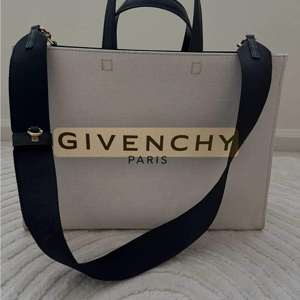 Givenchy Beige Canvas Tote with Black Strap and Gold Accents